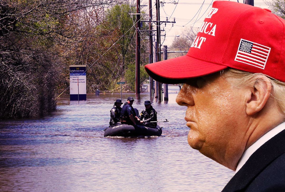 Michigan State officers return as the Tittabawassee River overflows | Donald Trump in a MAGA hat (AP Photo/Jacquelyn Martin/Carlos Osorio)