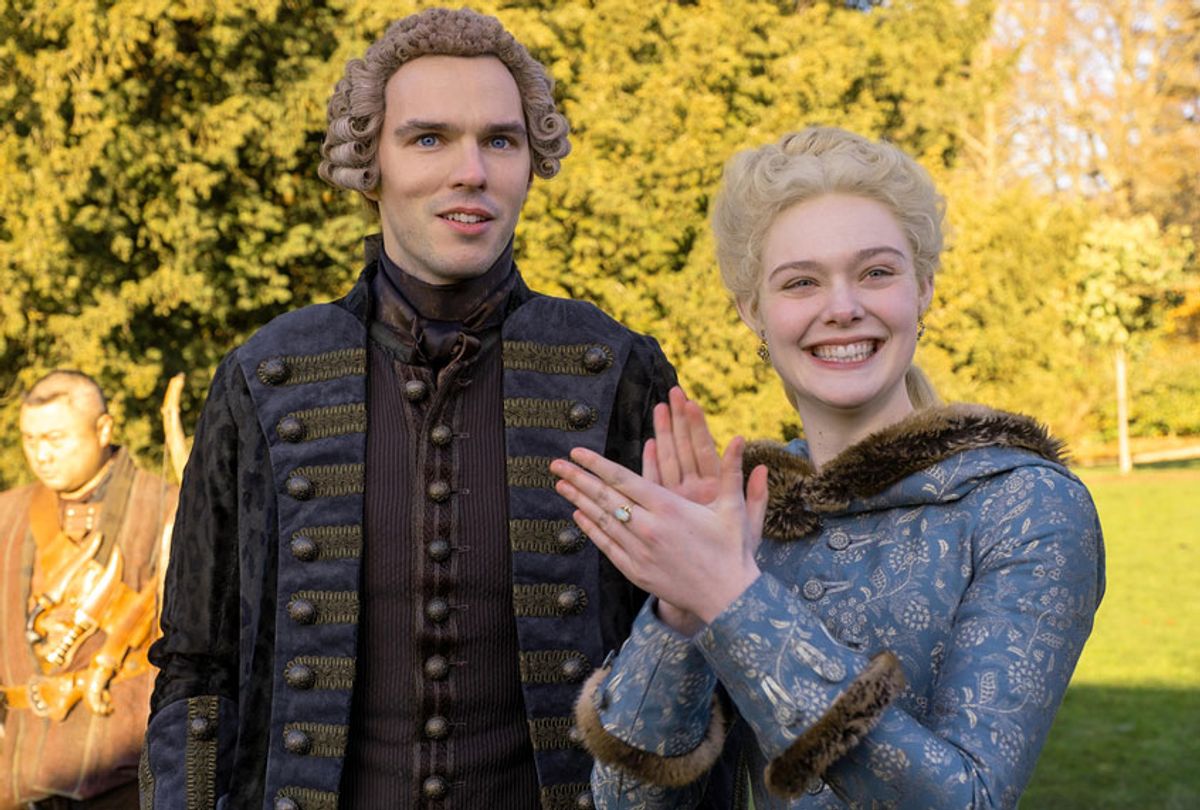 Nick (Christophe Tek), Peter (Nicholas Hoult) and Catherine (Elle Fanning) of the series "The Great" (Ollie Upton/Hulu)