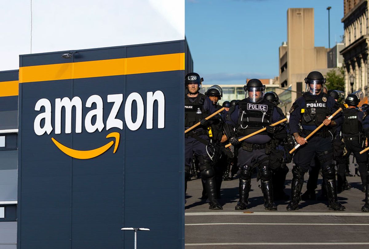 Amazon building | Line of riot police (Salon/Getty Images)