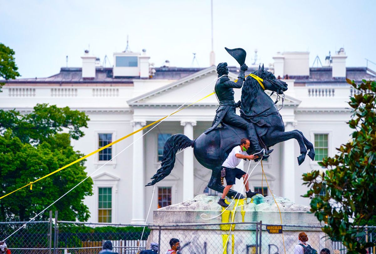 Protesters attempt to pull down the statue of Andrew Jackson in Lafayette Square near the White House on June 22, 2020 in Washington, DC. Protests continue around the country over police brutality, racial injustice and the deaths of African Americans while in police custody. (Drew Angerer/Getty Images)