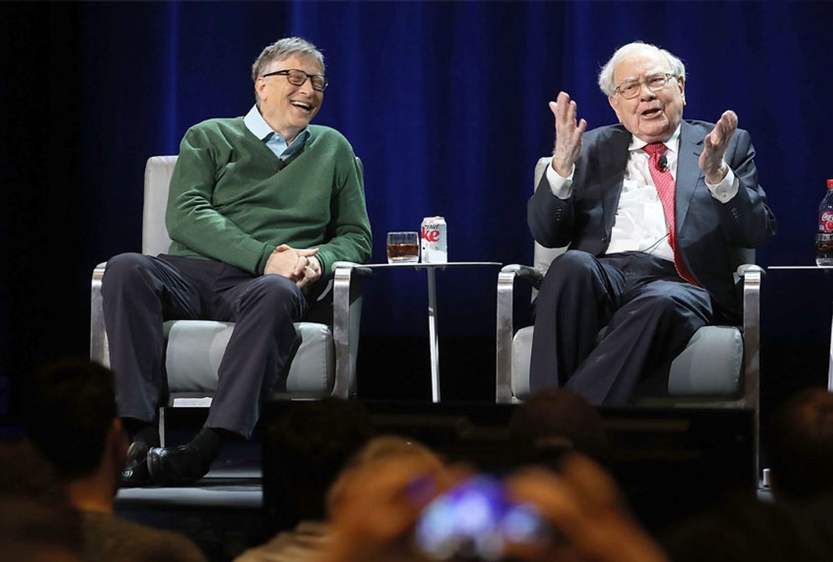 Bill Gates and Warren Buffett speak with journalist Charlie Rose at an event organized by Columbia Business School on January 27, 2017 in New York City. (Spencer Platt/Getty Images)
