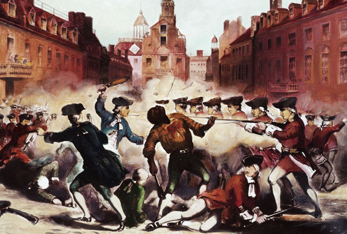 Painting of the Boston Massacre showing Crispus Attucks, one of the leaders of the demonstration and one of the five men killed by the gun fire of the British troops, as he is shot. The Boston Massacre took place in 1770 and was a preliminary riot in the War of Independence from the British. (Getty Images)