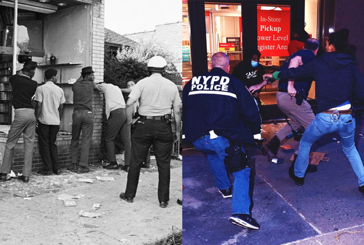 Police officers search men accused of looting during race riots in Detroit, Michigan | Police officers intervene people who exit damaged store after the glass was knocked out in Midtown, NYC (Getty Images/Salon)
