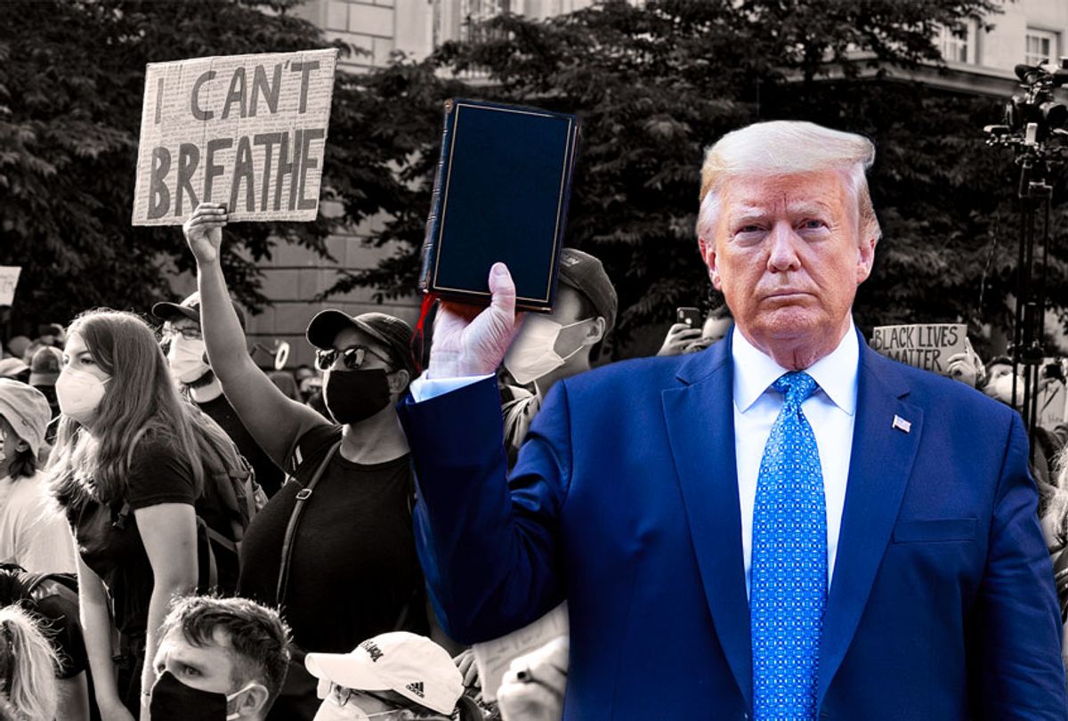 Donald Trump holding up a bible | Protestors gathering across the street from the White House during a demonstration over the death of George Floyd (Photo illustration by Salon/Getty Images)