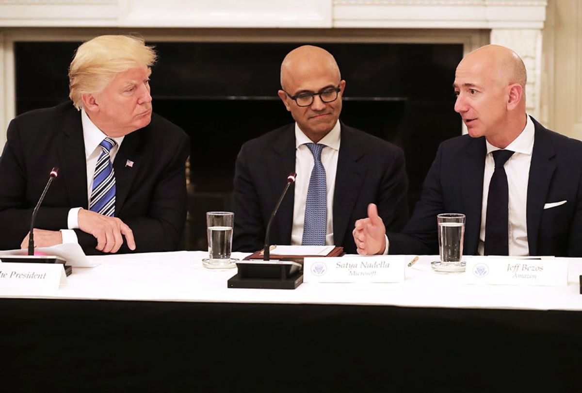 U.S. President Donald Trump, Microsoft CEO Stya Nadella and Amazon CEO Jeff Bezos attend a meeting of the American Technology Council in the State Dining Room of the White House June 19, 2017 in Washington, DC. (Chip Somodevilla/Getty Images)