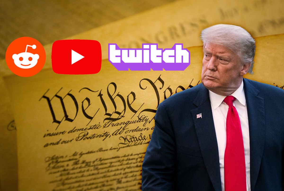 Donald Trump VS freedom of speech  (Photo illustration by Salon/Getty Images/Reddit/Youtube/Twitch)