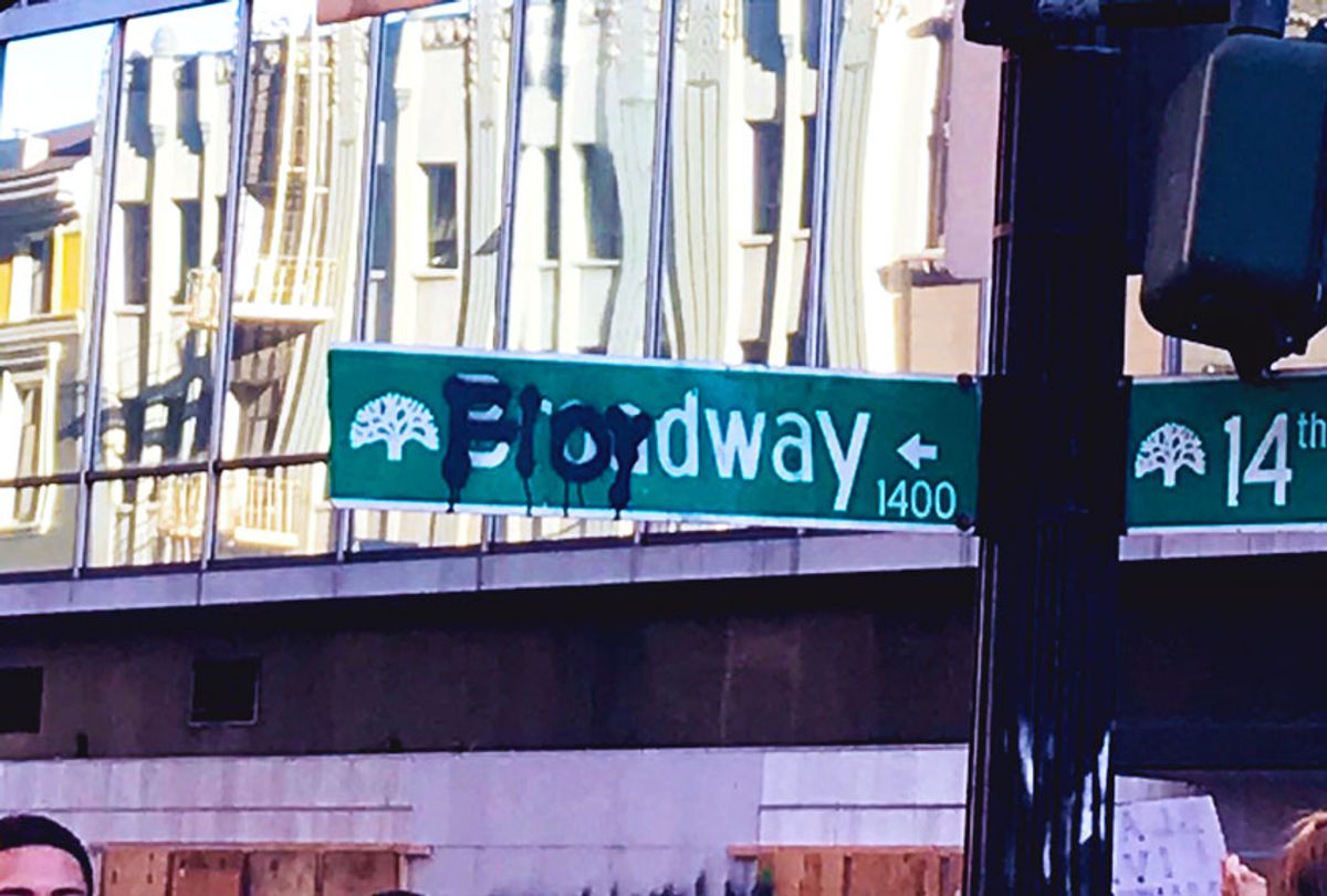 A street sign on Oakland, Calif. graffitied over to say "Floydway", seen during protests over the the death of George Floyd. (Nicole Karlis)
