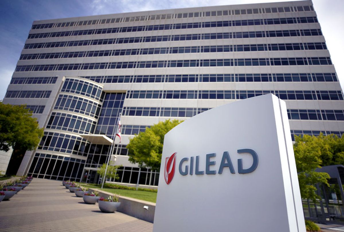 A sign is posted in front of the Gilead Sciences headquarters on April 29, 2020, in Foster City, California. Gilead Sciences announced preliminary results of a drug trial with that showed at least 50% of patients with coronavirus that treated with a five-day dosage of Remdesivir improved and more than half were released from the hospital within two weeks. (Justin Sullivan/Getty Images)