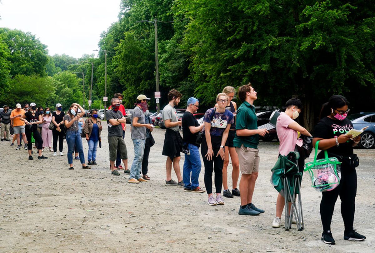 People wait in line to vote in Georgia's Primary Election on June 9, 2020 in Atlanta, Georgia. Georgia, West Virginia, South Carolina, North Dakota, and Nevada are holding primaries amid the coronavirus pandemic. (Elijah Nouvelage/Getty Images)