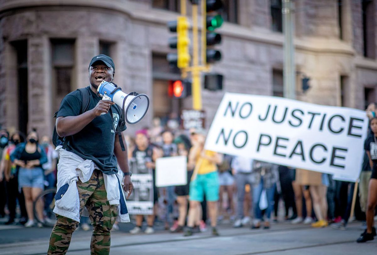 David Swaray, also known as Davey Dave, joined hundreds of protestors joined at the Government Center to support CAIR-Minnesota to call for the arrest of the police who killed George Floyd. (Elizabeth Flores/Star Tribune via Getty Images)