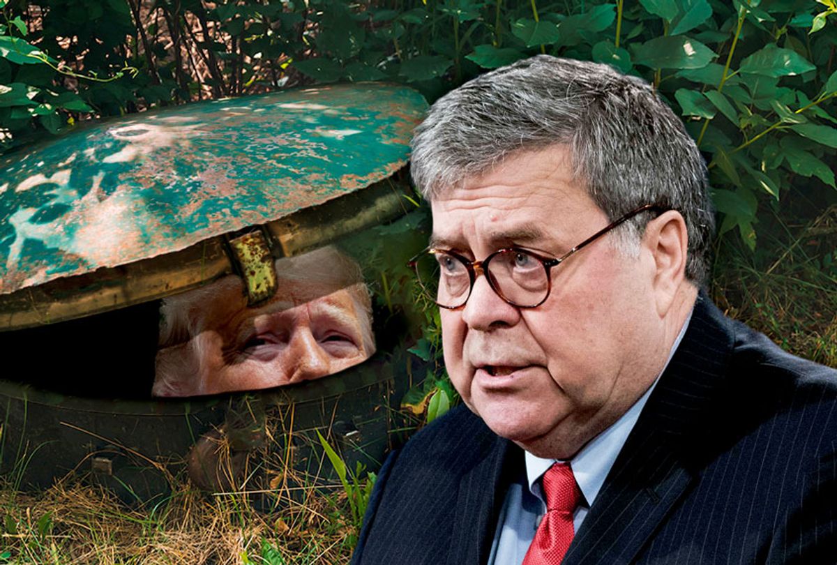 William Barr and Donald Trump, peeking out of the bunker (Photo illustration by Salon/Getty Images)