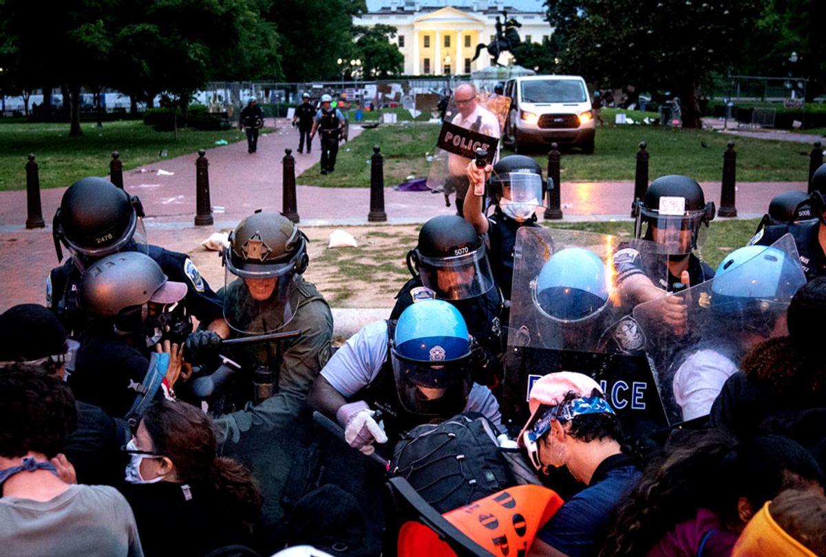 Protesters clash with U.S. Park Police after attempting to pull down the statue of Andrew Jackson in Lafayette Square near the White House on June 22, 2020 in Washington, DC. Protests continue around the country over police brutality, racial injustice and the deaths of African Americans while in police custody. (Drew Angerer/Getty Images)