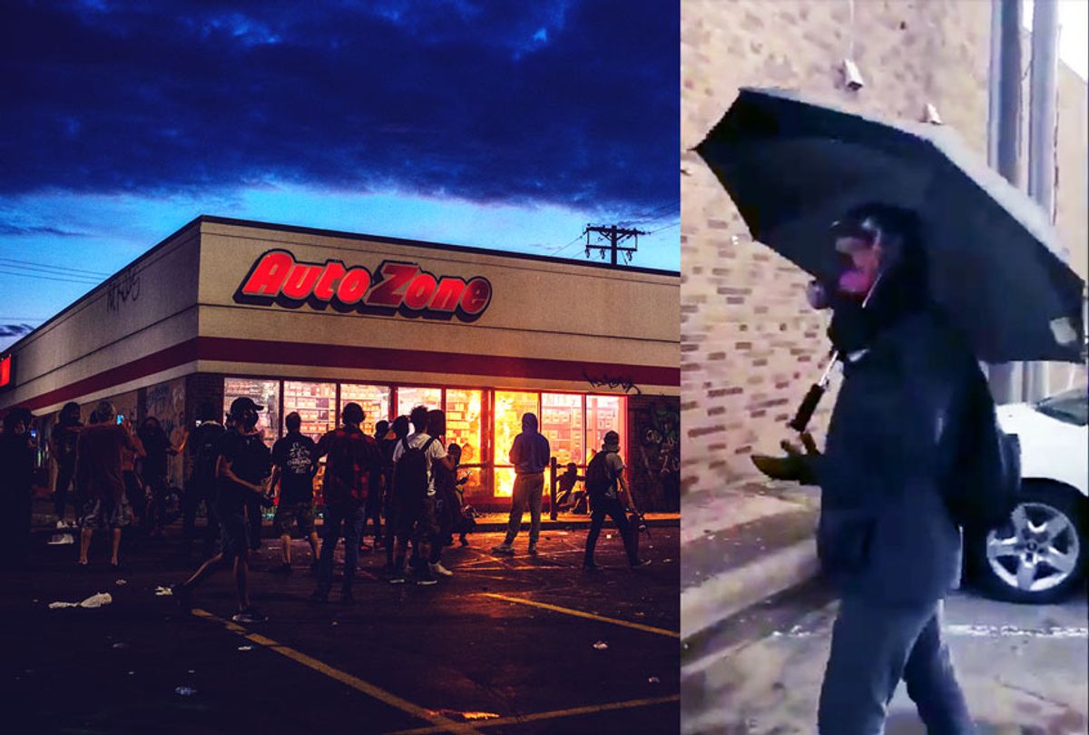 "Umbrella man" sought to invoke violence by smashing windows at an Auto Zone (which was later burnt down) during the George Floyd protests on May 27, 2020 in Minneapolis, Minnesota (Getty Images/Twitter/Salon)