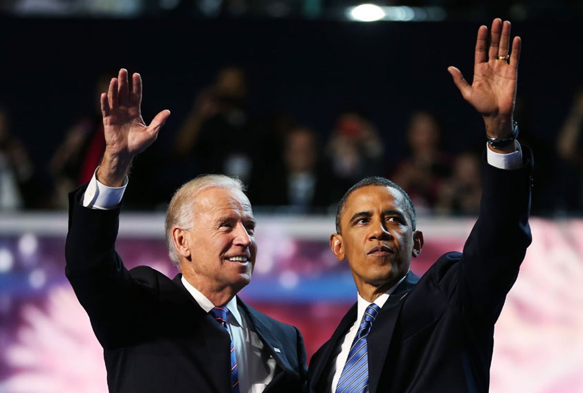 This 2012 photo shows then Democratic presidential candidate, U.S. President Barack Obama (R) and Democratic vice presidential candidate, U.S. Vice President Joe Biden wave after accepting the nomination during the final day of the Democratic National Convention at Time Warner Cable Arena in Charlotte, North Carolina.  (Tom Pennington/Getty Images)