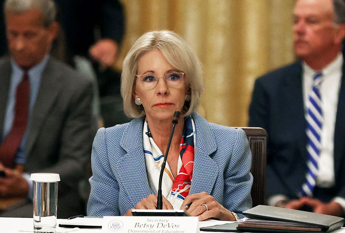 Education Secretary Betsy DeVos attends an event hosted by U.S. President Donald Trump with students, teachers and administrators about how to safely re-open schools during the novel coronavirus pandemic in the East Room at the White House July 07, 2020 in Washington, DC. (Chip Somodevilla/Getty Images)