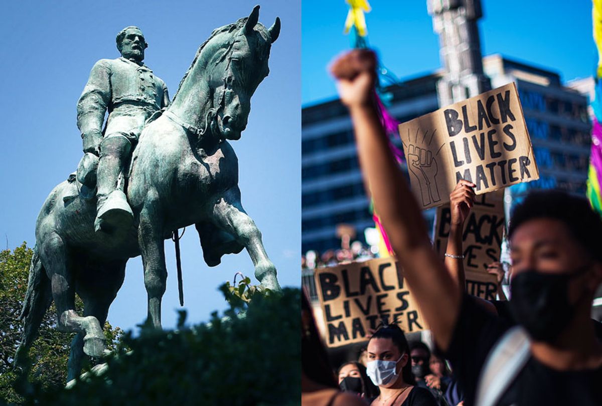 The statue of Confederate Gen. Robert E. Lee stands in the center of the renamed Emancipation Park in Charlottesville, Virginia | Protesters raise their fists during a Black Lives Matter demonstration (Getty Images/Salon)