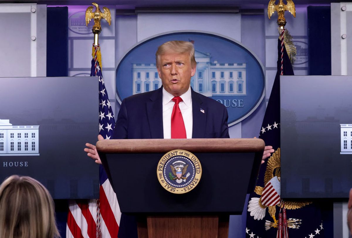 U.S. President Donald Trump speaks during a news briefing at the James Brady Press Briefing Room of the White House July 28, 2020 in Washington, DC. The president announced that Eastman Kodak will receive a loan to manufacture ingredients used in pharmaceuticals. (Alex Wong/Getty Images)