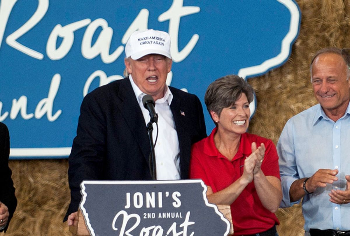 Donald Trump and Sen. Joni Ernst (R-IA) on stage at the 2nd annual Joni Ernst Roast and Ride event on August 27, 2016 in Des Moines, Iowa. Trump joined a number of Iowa Republicans speaking to a crowd of supporters. (Stephen Maturen/Getty Images)