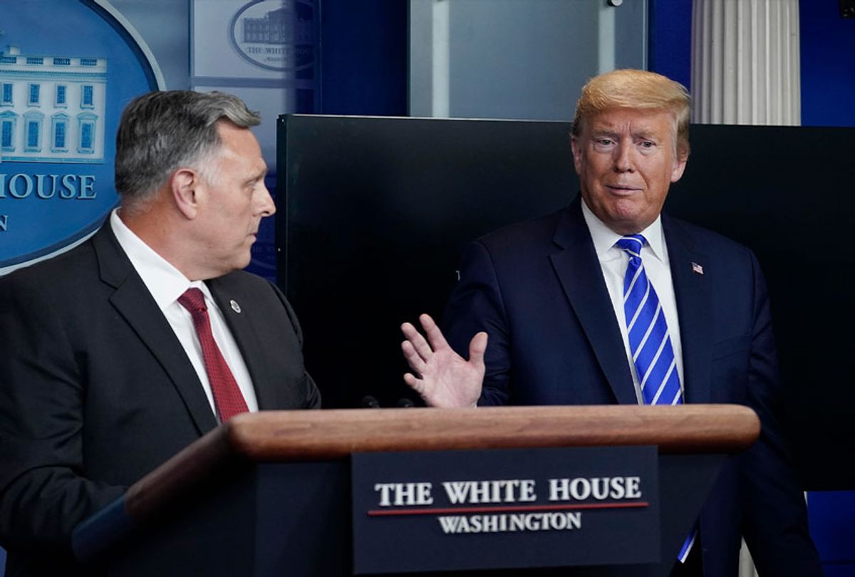 U.S. President Donald Trump speaks while William Bryan (L), head of science and technology at the Department of Homeland Security listens during the daily briefing of the coronavirus task force at the White House on April 23, 2020 in Washington, DC. (Drew Angerer/Getty Images)