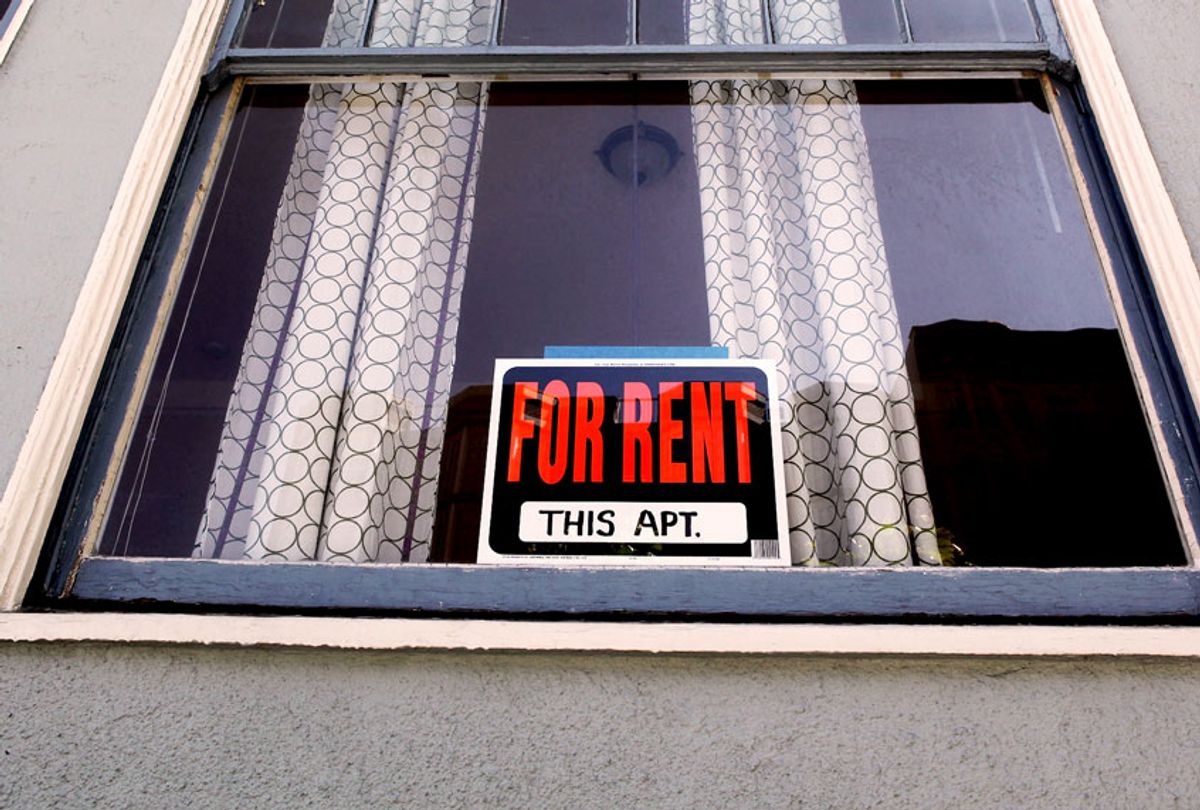 A sign advertising an apartment for rent is displayed in a window in California (Justin Sullivan/Getty Images)