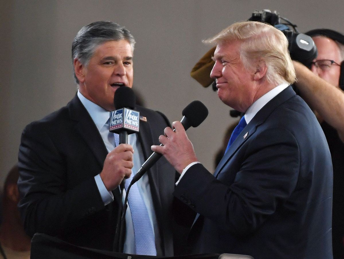 LAS VEGAS, NV - SEPTEMBER 20: Fox News Channel and radio talk show host Sean Hannity (L) interviews U.S. President Donald Trump before a campaign rally at the Las Vegas Convention Center on September 20, 2018 in Las Vegas, Nevada.  (Photo by Ethan Miller/Getty Images)