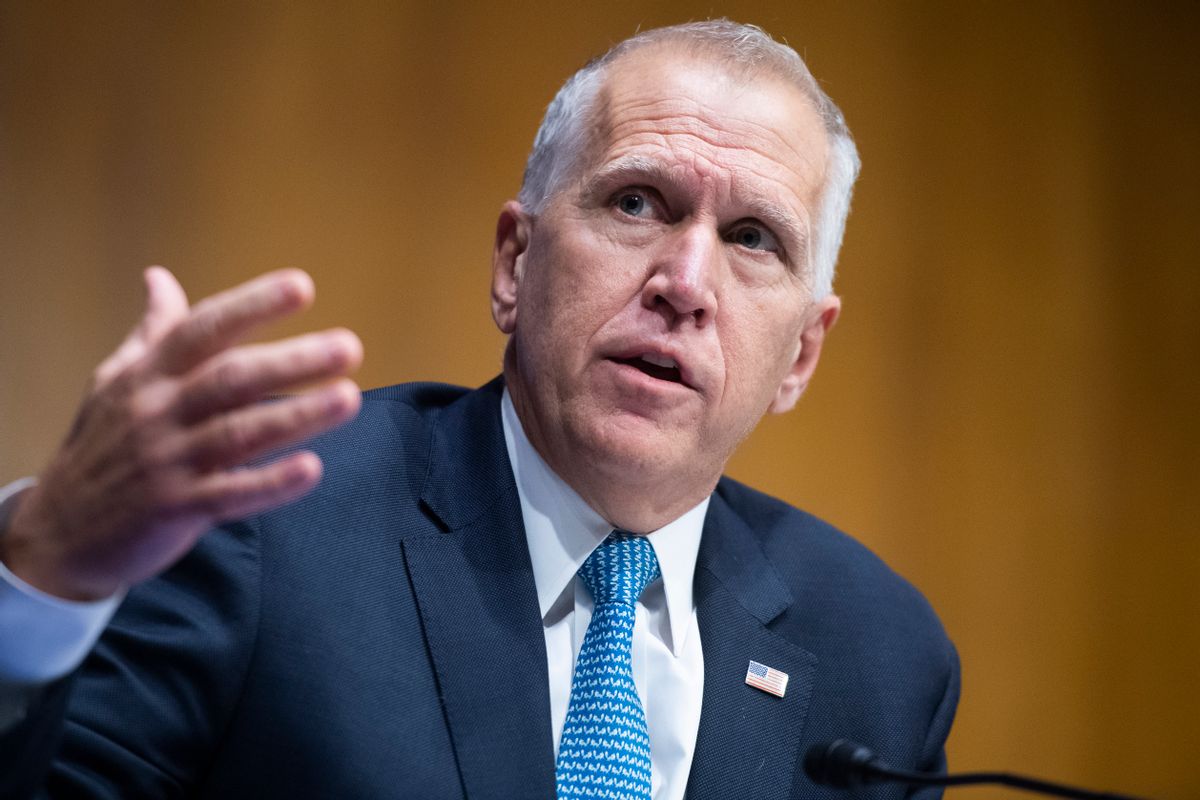 WASHINGTON, DC - JUNE 16: Sen. Thom Tillis (R-NC) asks a question during a Judiciary Committee hearing in the Dirksen Senate Office Building on June 16, 2020 in Washington, D.C. (Photo by Tom Williams-Pool/Getty Images)