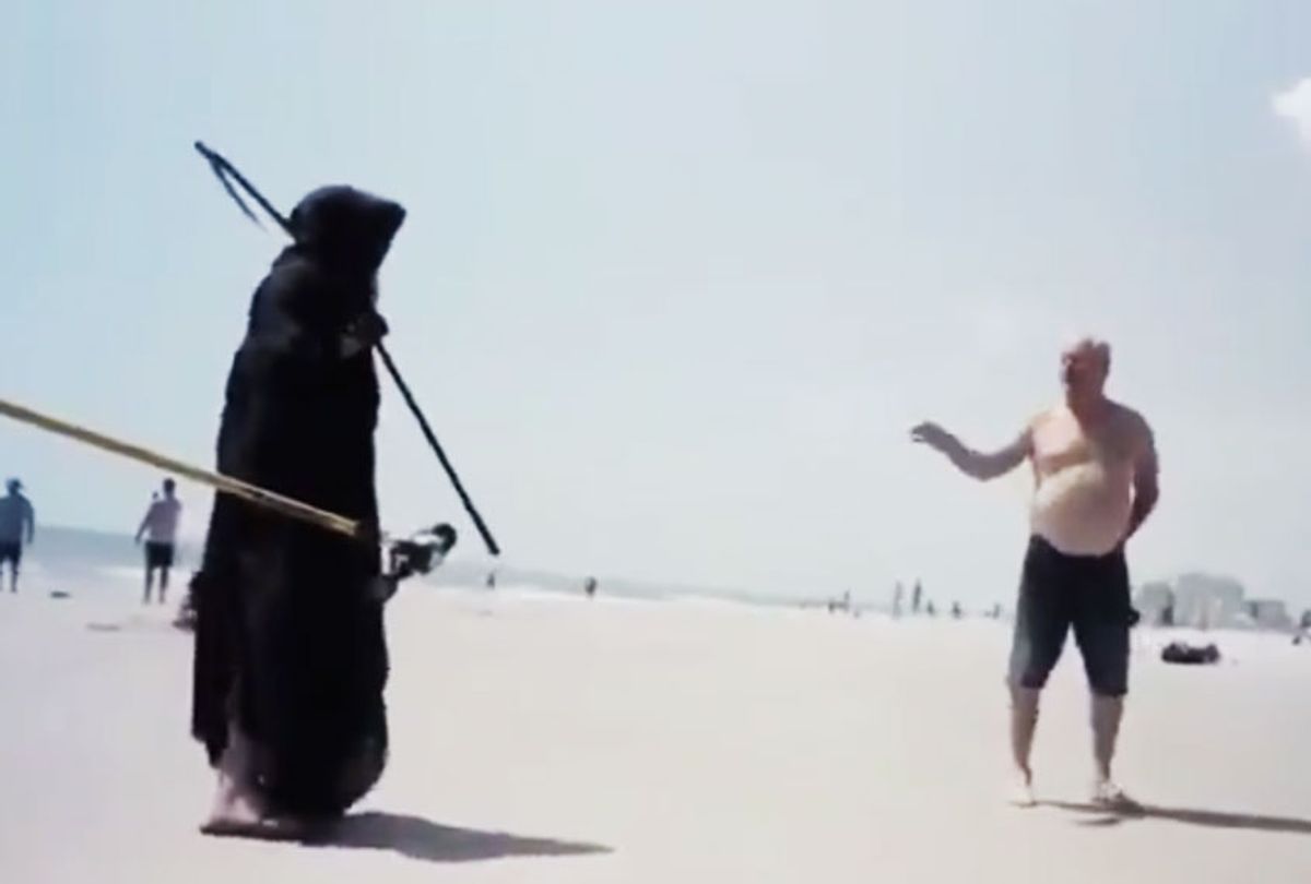 The Grim Reaper chats with Florida Man on the beach. (Twitter/@RambleRaconteur)