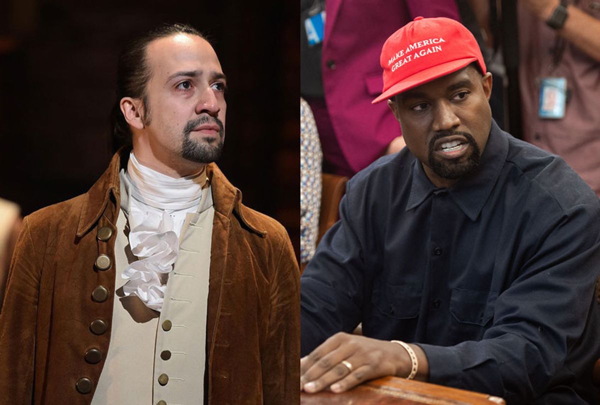Lin Manuel Miranda as in the Broadway production of Hamilton | Rapper Kanye West speaks during his meeting with US President Donald Trump in the Oval Office of the White House in Washington, DC, on October 11, 2018 (Disney+/Getty Images/Salon)
