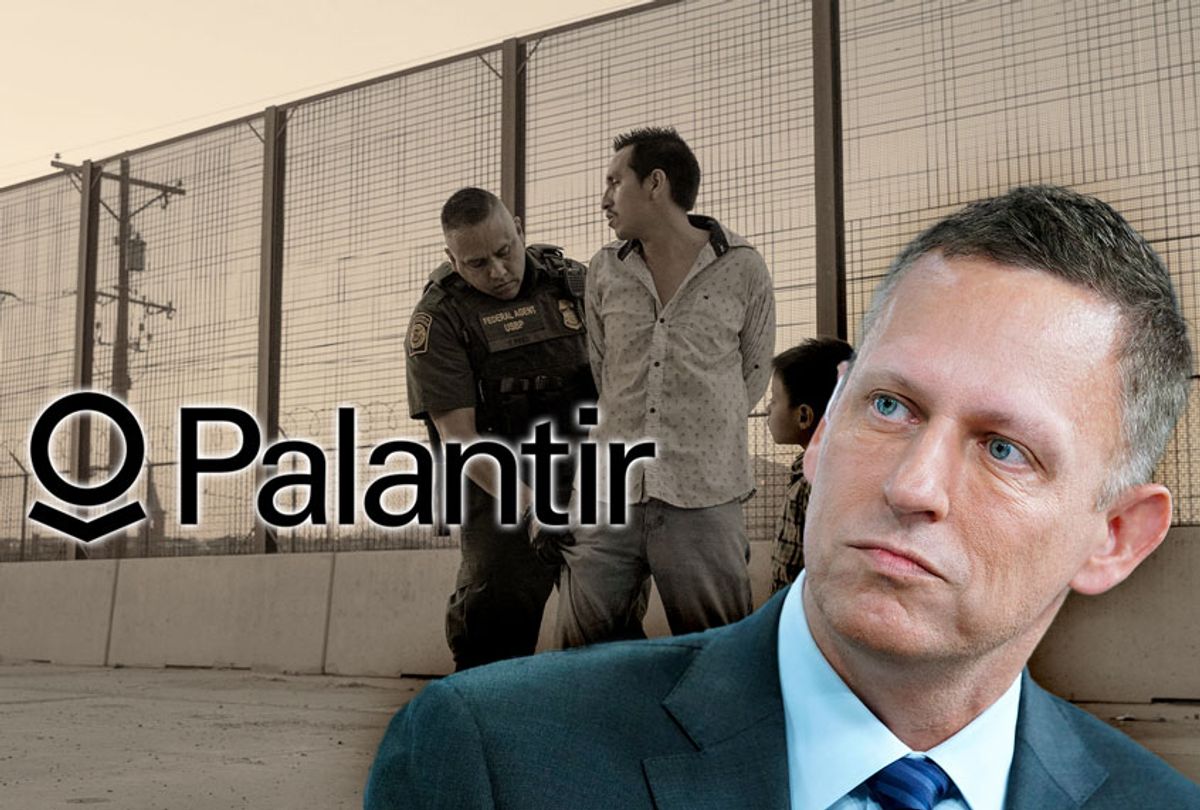 Palantir | Peter Thiel | Border Patrol agent arresting a man (Photo illustration by Salon/Getty Images/WikiCommons)