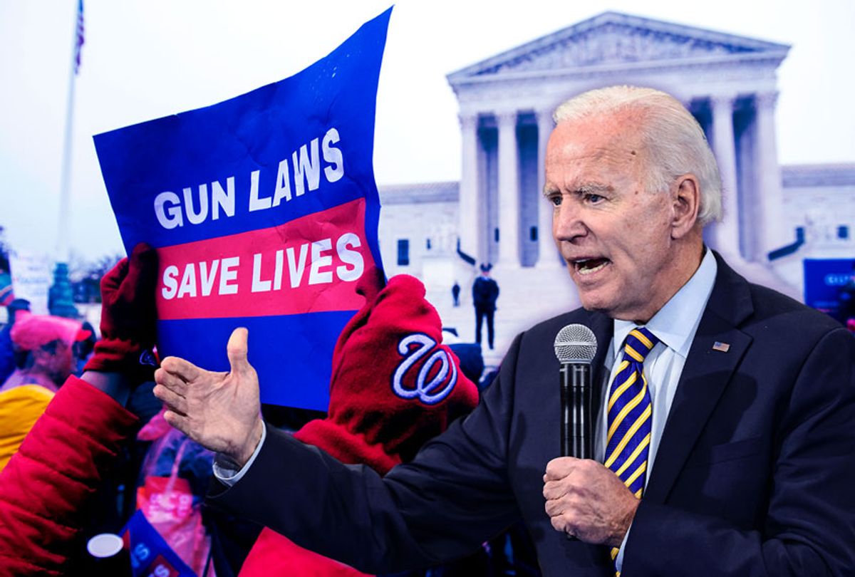 Joe Biden | Supporters of gun control and firearm safety measures hold a protest rally outside the US Supreme Court as the Court hears oral arguments in State Rifle and Pistol v. City of New York, NY, in Washington, DC, December 2, 2019 (Getty Images/Salon)