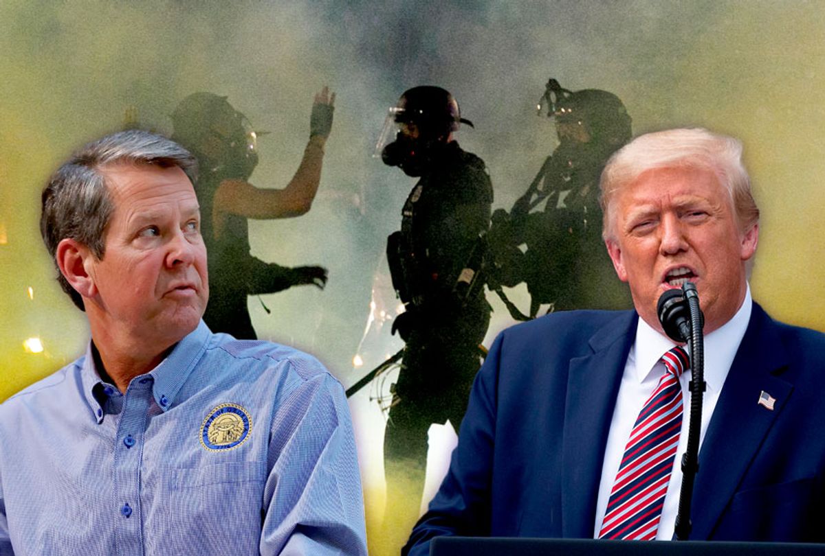 Georgia Governor Brian Kemp, US President Donald Trump and police confronting demonstrators as Black Lives Matter supporters demonstrate in Portland, Oregon  (Getty Images/Salon)