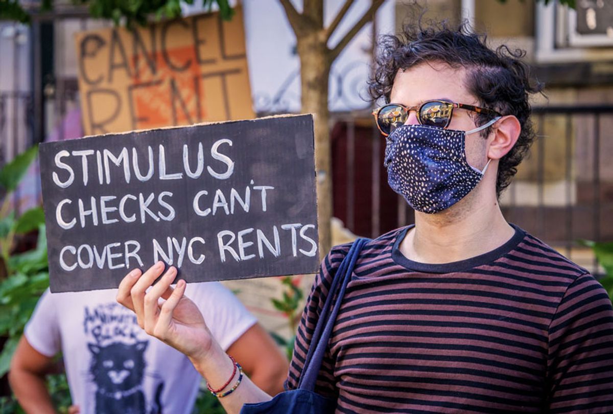 A participant holding a sign at the protest. Tenants and Housing Activists gathered at Maria Hernandez Park for a rally and march in the streets of Bushwick, demanding the city administration to cancel rent immediately as the financial situation for many New Yorkers remains the same, strapped for cash and out of work. (Erik McGregor/LightRocket via Getty Images)