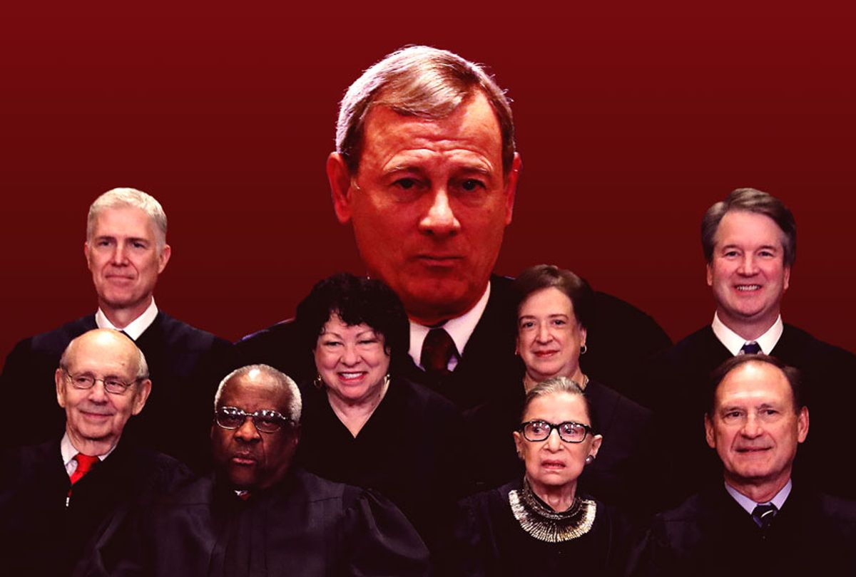 Supreme Court Justices, with Chief Justice John Roberts looming in the back (Getty Images/Salon)