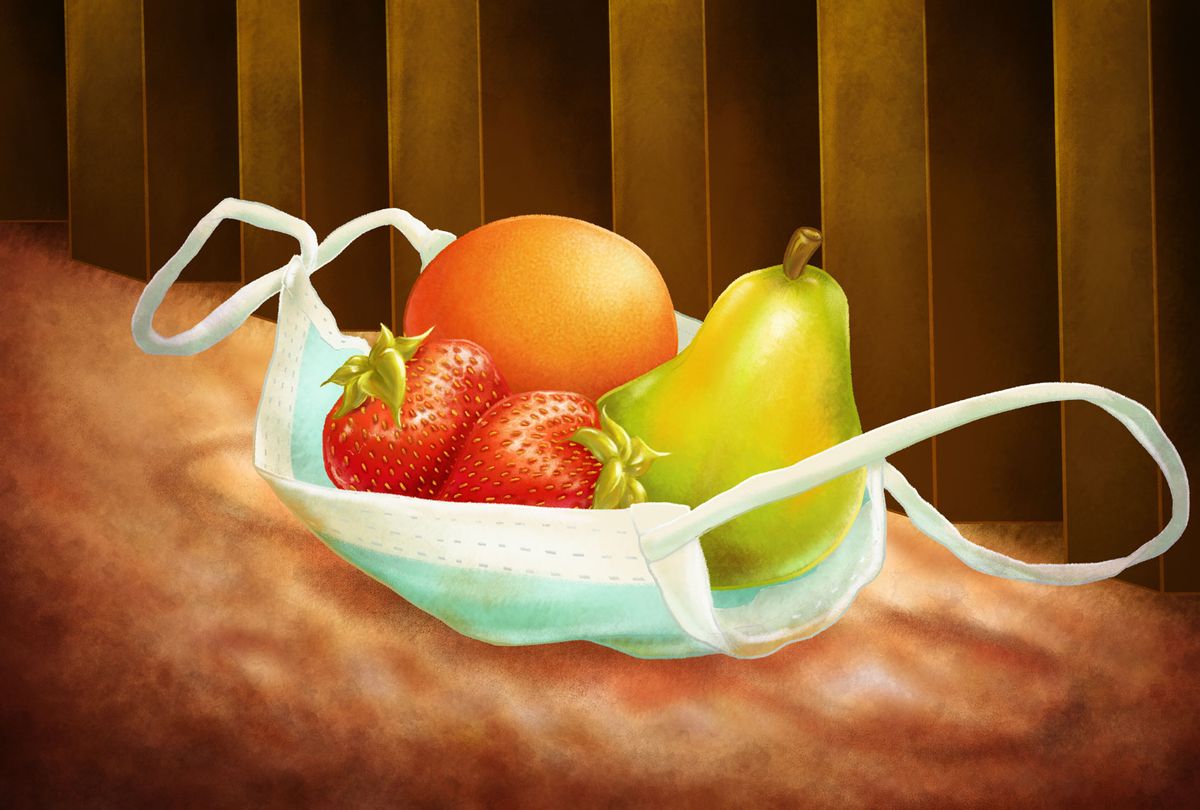 Fruit basketed in a medical mask on the ground by the border wall (Illustration by Ilana Lidagoster/Salon)