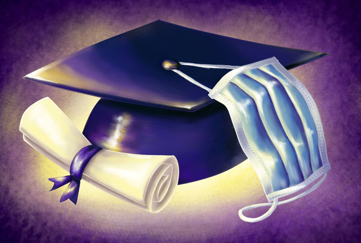 A diploma scroll and graduation cap with a medical mask hooked around the top button (Illustration by Ilana Lidagoster/Salon)