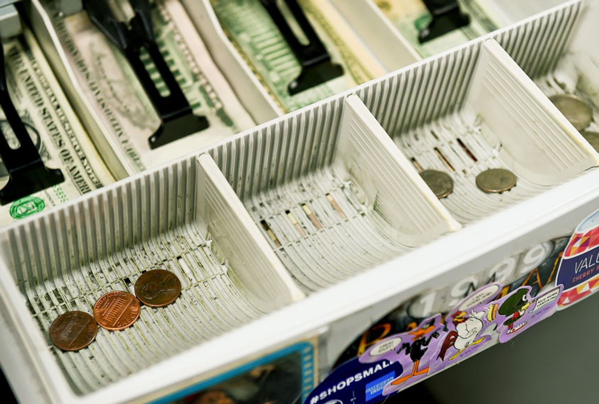 The detail photo of the change drawer of the cash register at Symbiote Collectibles in West Reading Thursday afternoon July 9, 2020. There is currently a coin shortage in the United States. (Ben Hasty/MediaNews Group/Reading Eagle via Getty Images)