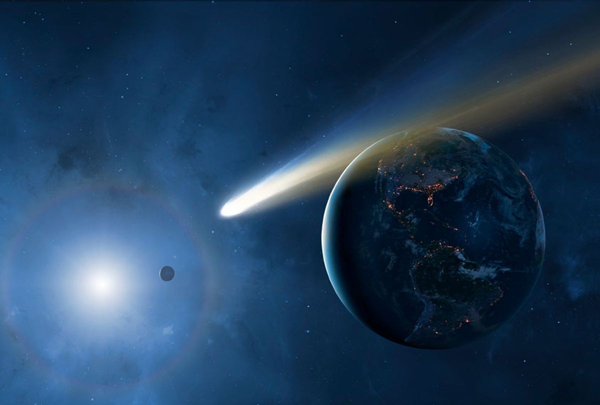 Illustration of the Earth, Moon and Sun showing a passing comet (Getty Images)