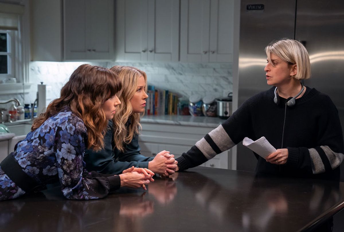 Linda Cardellini and Christina Applegate speak to "Dead to Me" showrunner Liz Feldman (Saeed Adyani/Netflix)