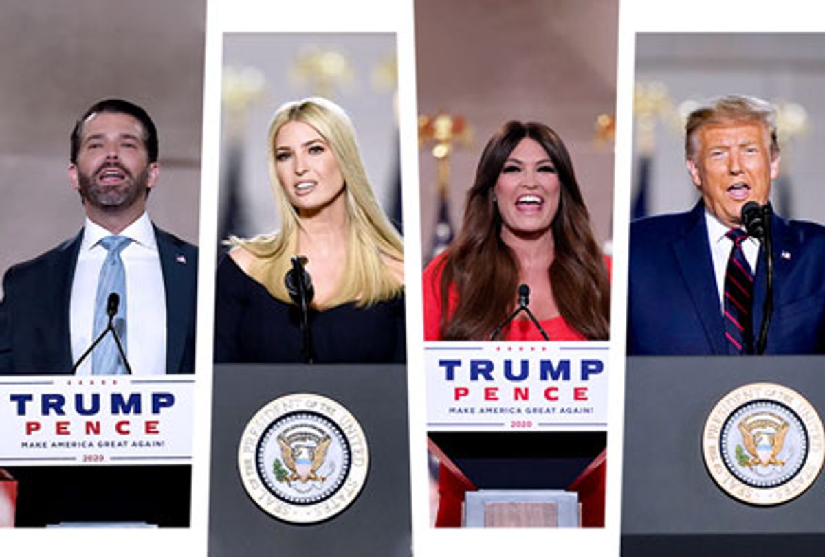 Donald Trump Jr., Ivanka Trump, Kimberly Guilfoyle and Donald Trump speaking at the 2020 RNC (Photo illustration by Salon/Getty Images)
