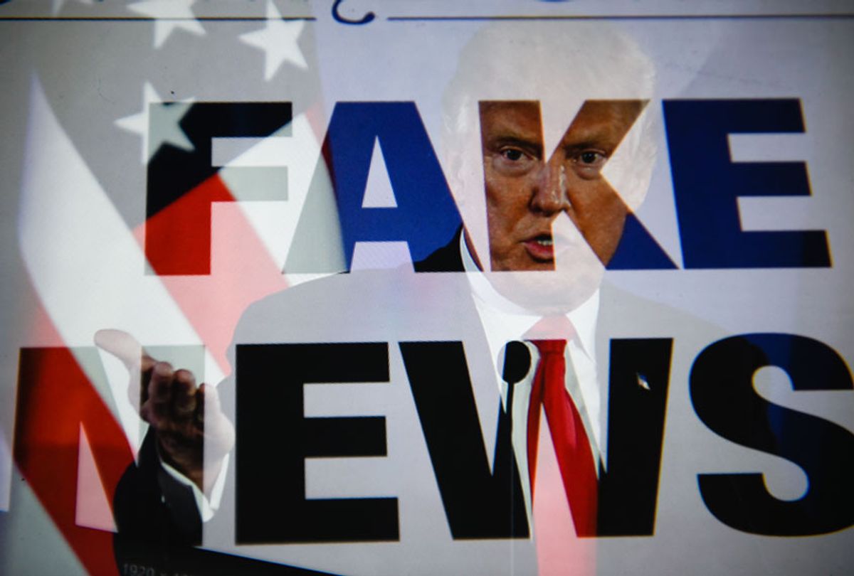 In this photo illustration a double exposure image shows the President of United States of America, Donald Trump with a sentence saying "Fake news".  (Omar Marques/SOPA Images/LightRocket via Getty Images)