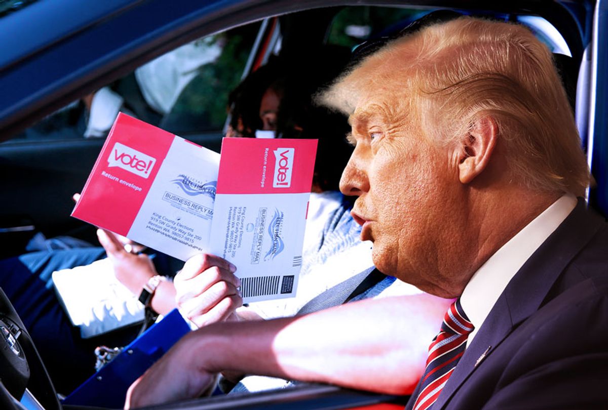 Seattle man prepares to drop off ballots for the August 4 Washington state primary at King County Elections in Renton, Washington on August 3, 2020 | Donald Trump (Photo illustration by Salon/Win McNamee/Jason Redmond/AFP/Getty Images)