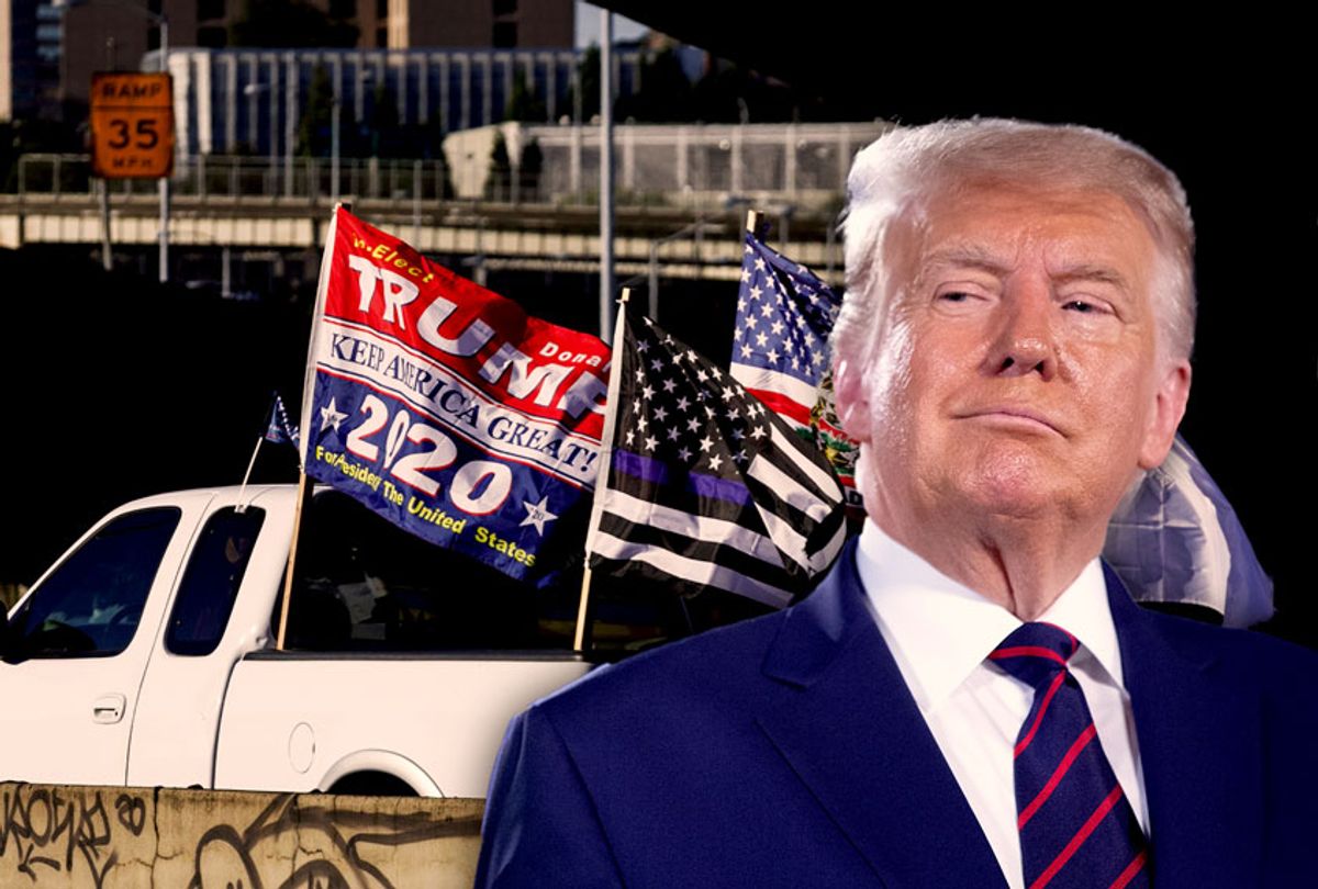 Donald Trump | Pickup trucks and cars full of flag-waving Donald Trump supporters as they snarl traffic and parade through downtown Portland, Oregon on August 29, 2020. (Photo illustration by Salon/Getty Images)
