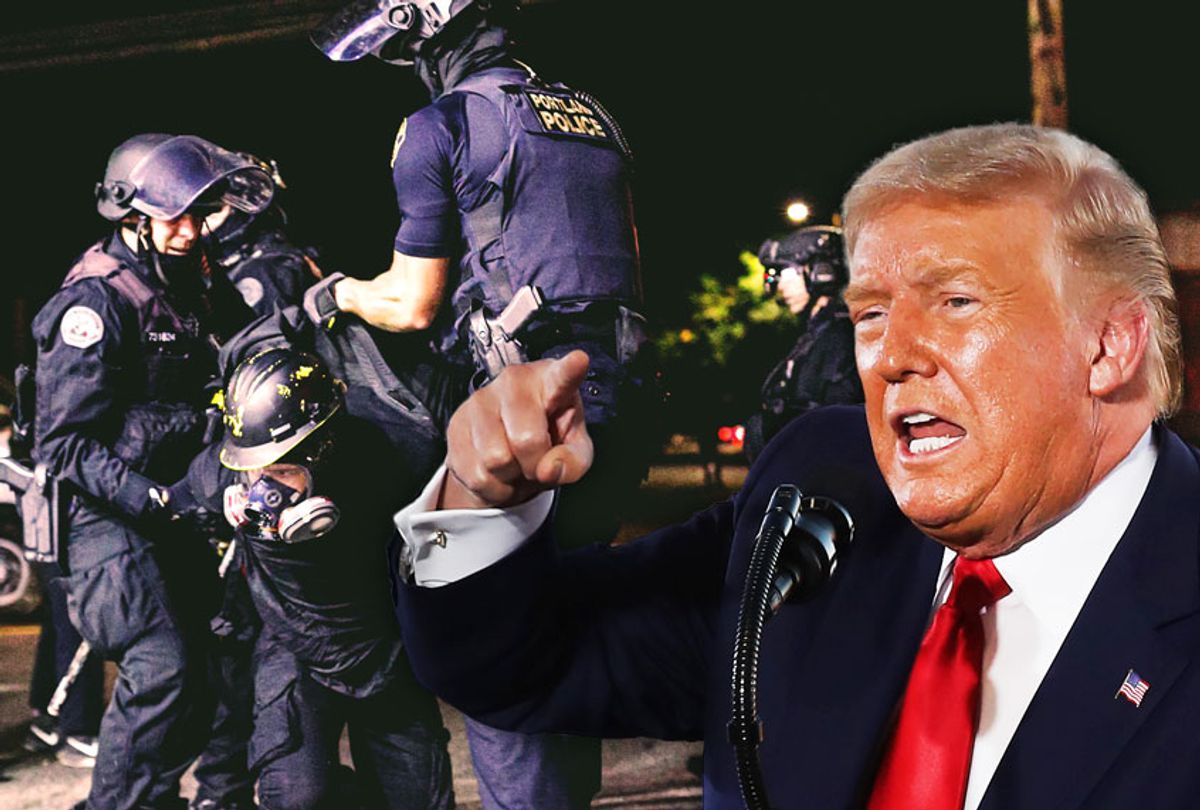 Donald Trump | About two hundred persons protesting police brutality spray graffiti and start fires at the Portland Police Union building, in Portland, Oregon, United States on August 28, 2020, the 93rd day of consecutive protests. Police declared a riot and arrested many people. (Photo illustration by Salon/Getty Images)