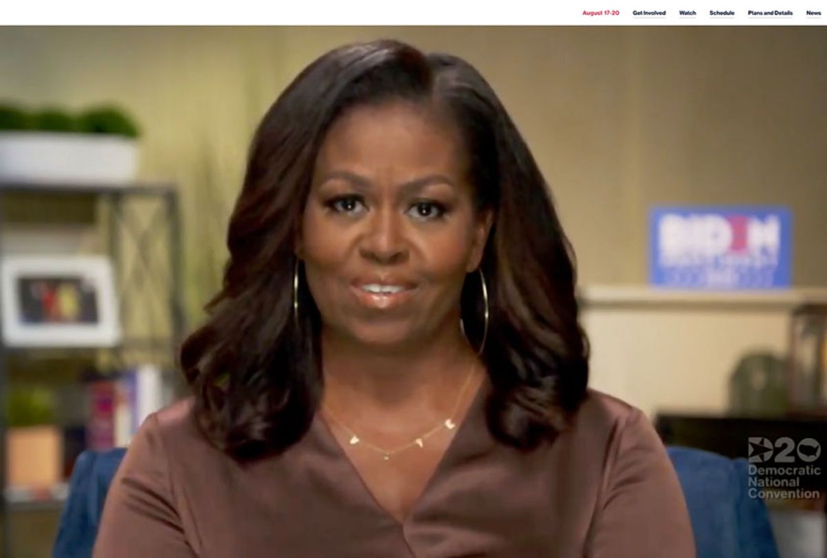 In this screenshot from the DNCC’s livestream of the 2020 Democratic National Convention, Former First Lady Michelle Obama addresses the virtual convention on August 17, 2020. The convention, which was once expected to draw 50,000 people to Milwaukee, Wisconsin, is now taking place virtually due to the coronavirus pandemic. (Handout/DNCC via Getty Images)