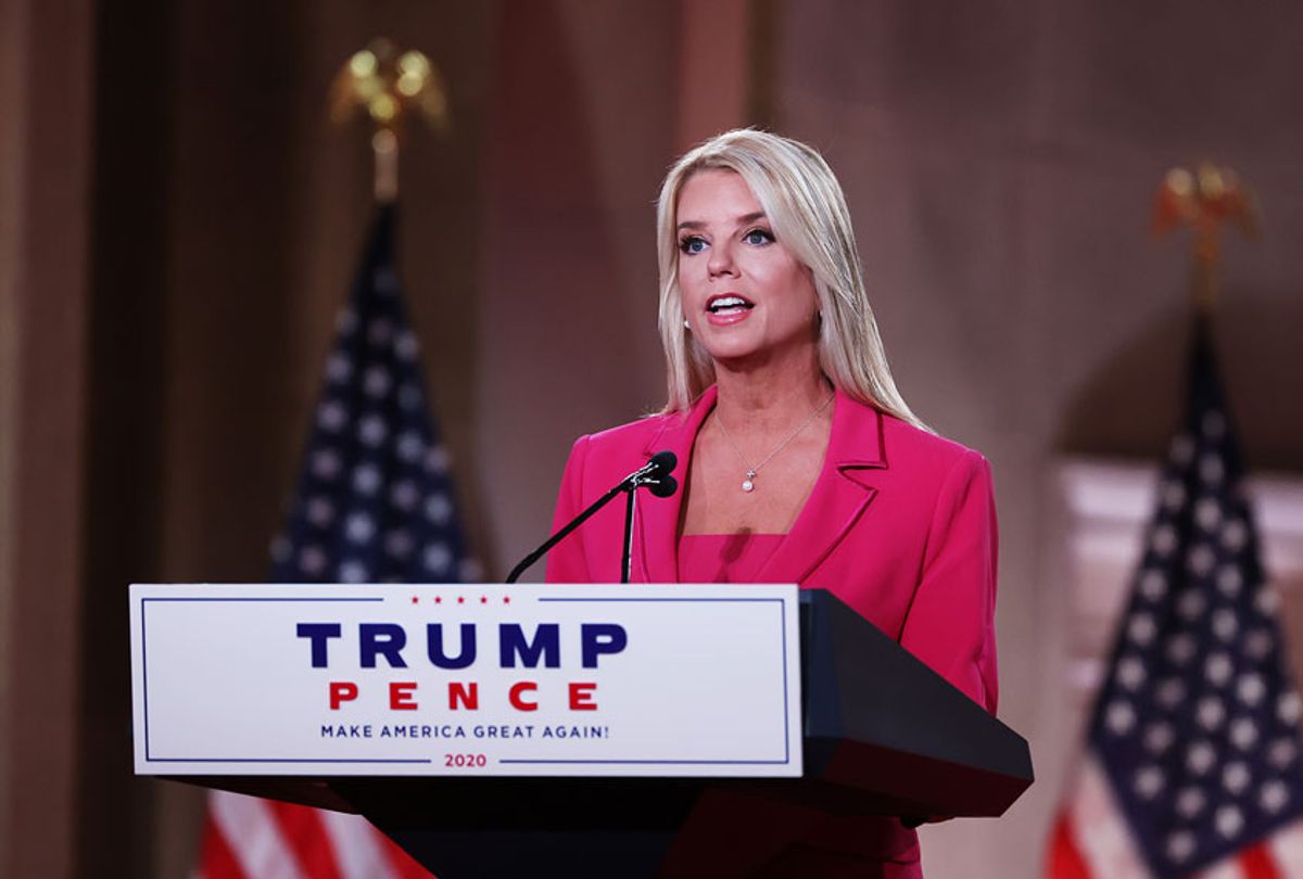 Former Florida Attorney General Pam Bondi stands on stage in an empty Mellon Auditorium while addressing the Republican National Convention on August 25, 2020 in Washington, DC.  (Chip Somodevilla/Getty Images)