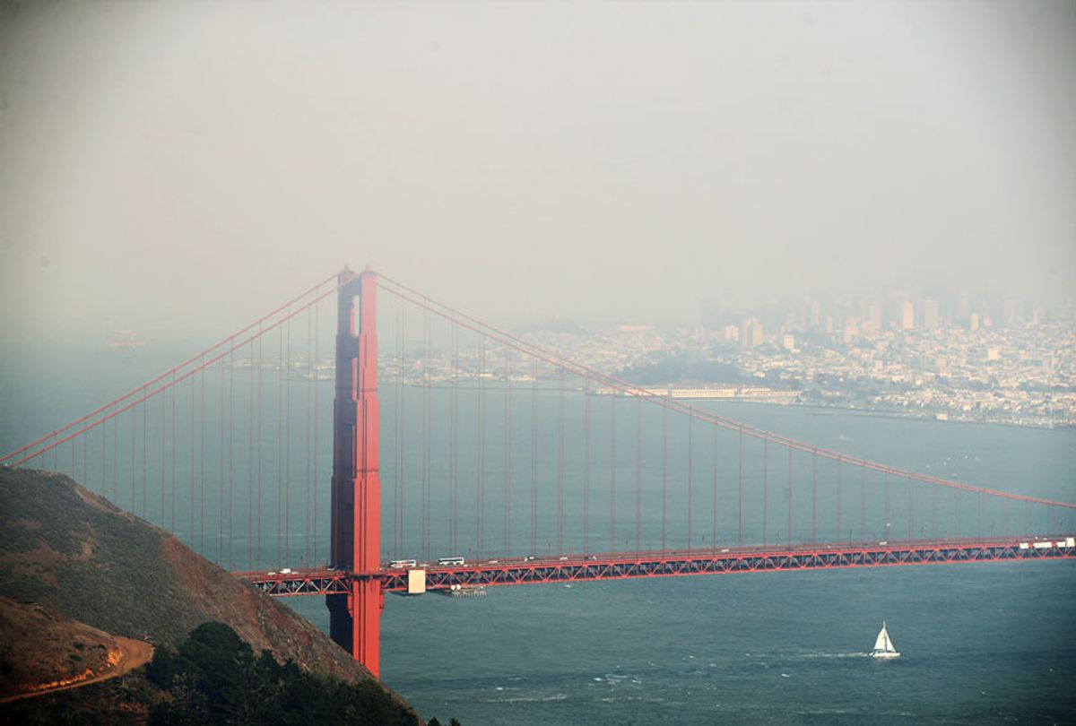 Heavy smoke from nearby wild fires covers the Golden Gate Bridge and San Francisco on August 20, 2020 as seen from the Marin Headlands in Sausalito, California. (Ezra Shaw/Getty Images)