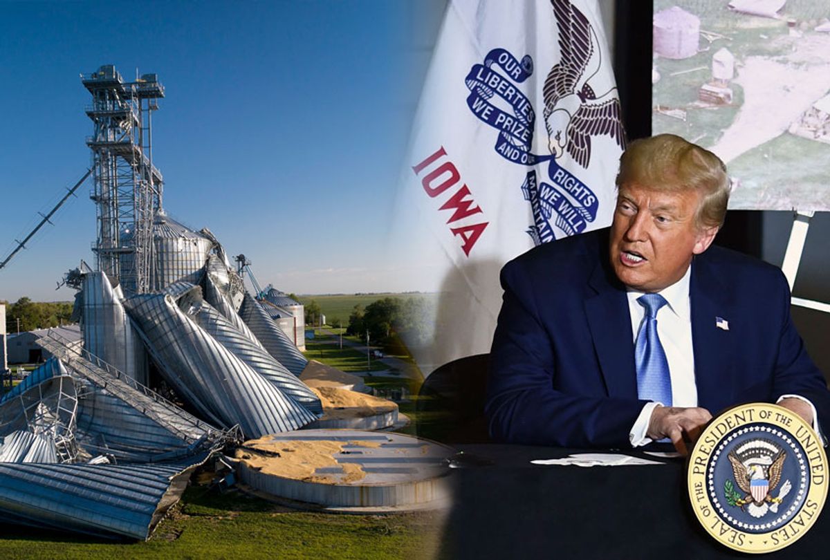 US President Donald Trump participates in an Iowa Disaster Recovery Briefing on August 18, 2020 at the Eastern Iowa Airport in Cedar Rapids, Iowa. (Photo illustration by Salon/Getty Images)