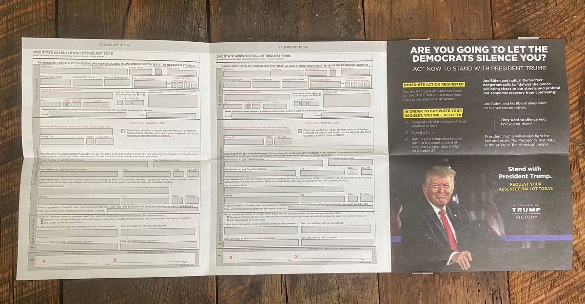 A GOP brochure encouraging North Carolina Republicans to request mail-in ballots features President Donald Trump's face. (Chandler Carranza)