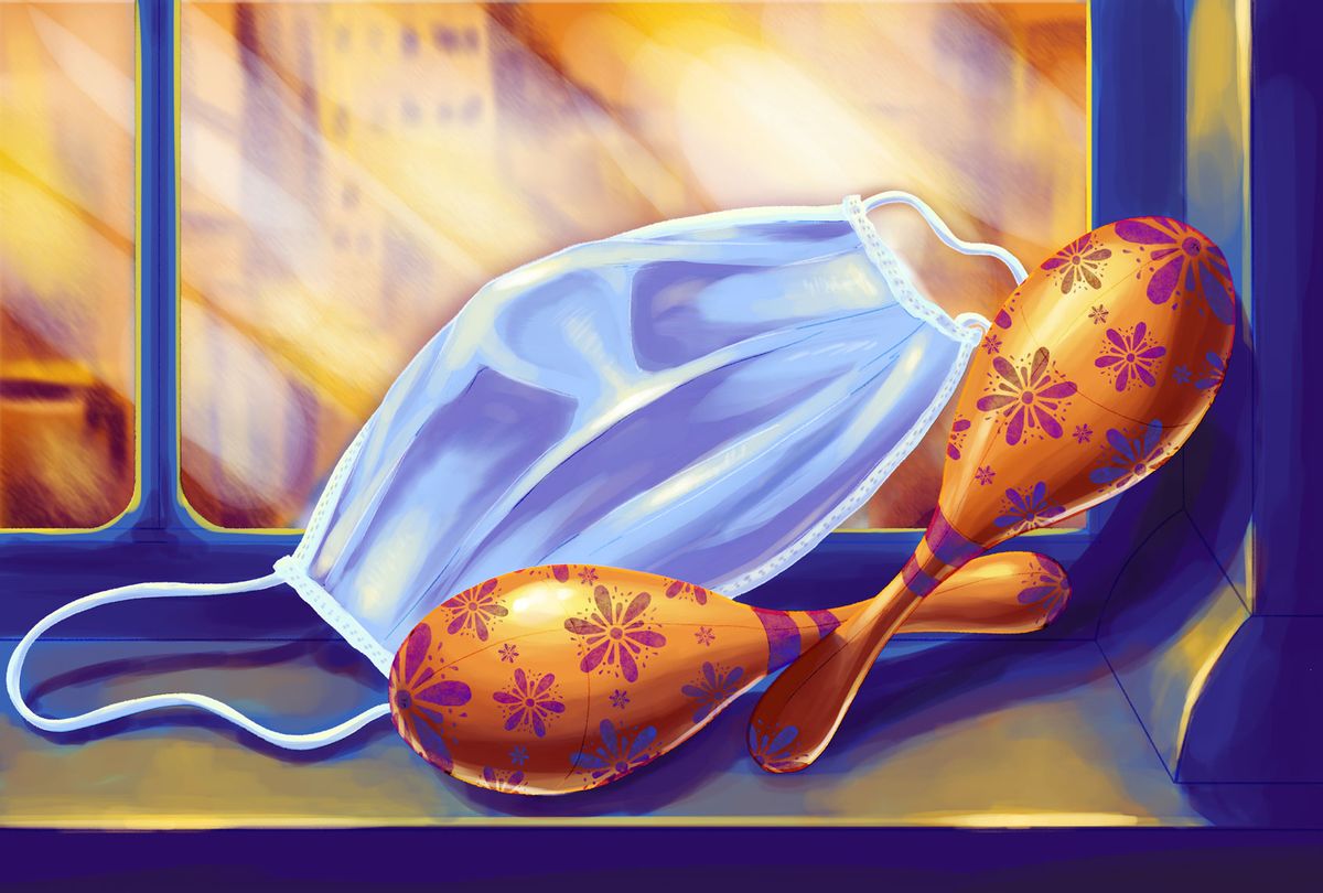 A pair of maracas and a medical face mask, placed on a window sill (Illustration by Ilana Lidagoster/Salon)
