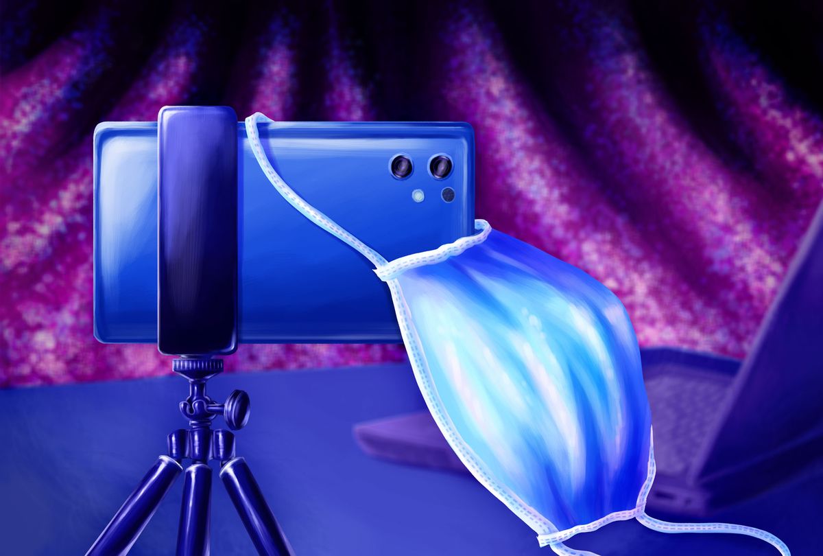 A smart phone with a camera mounted on a tripod, with a medical face mask hanging off of it. (Illustration by Ilana Lidagoster)